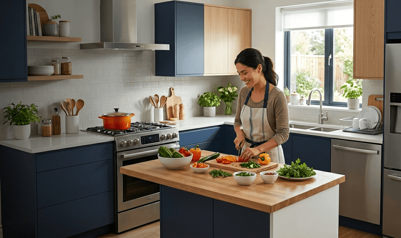 A woman prep-cooking in a modern L-shaped kitchen with a central island, demonstrating an efficient workflow between the stove, sink, and prep area.