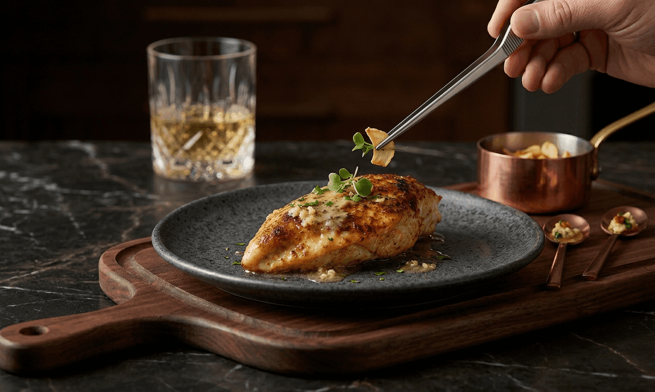 A gourmet seared garlic butter chicken breast being meticulously garnished with micro-greens using culinary tweezers on a charcoal matte ceramic plate.